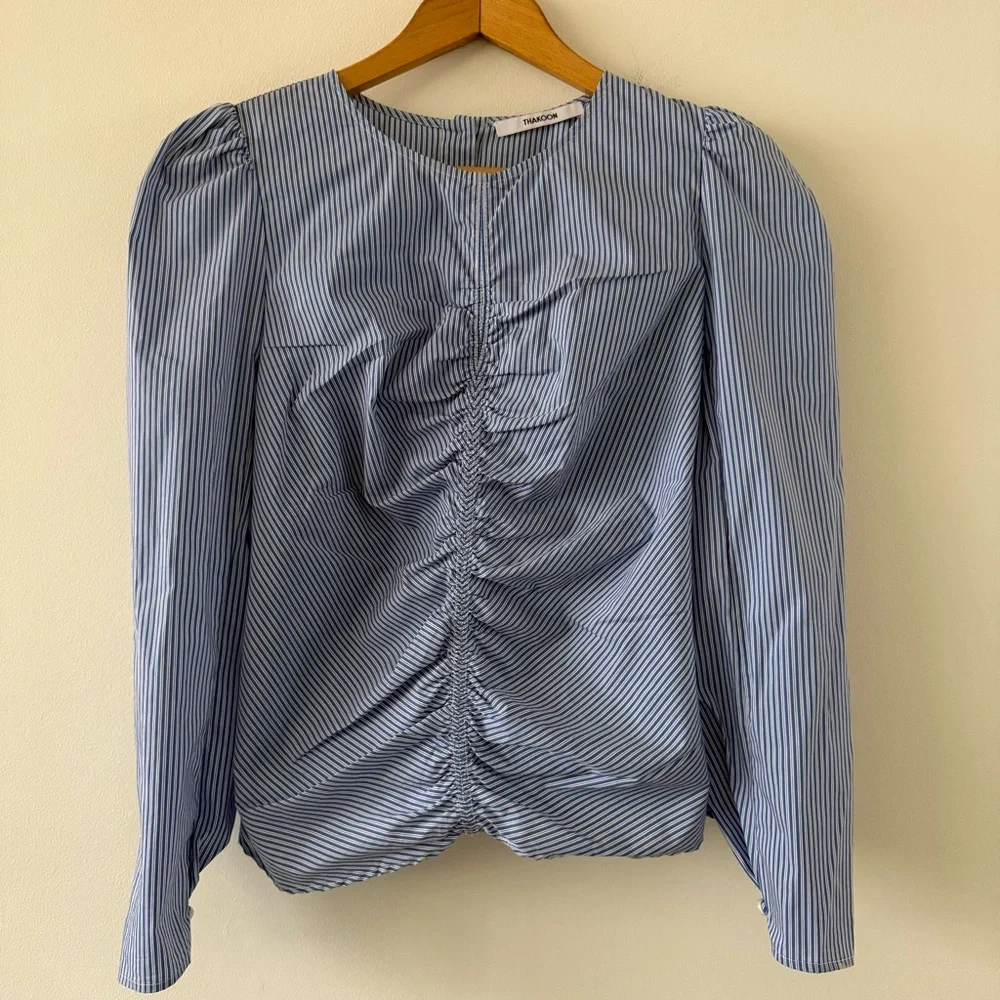 Thakoon Blue & White Pinstriped Rushed Button Back LS Blouse Size 10